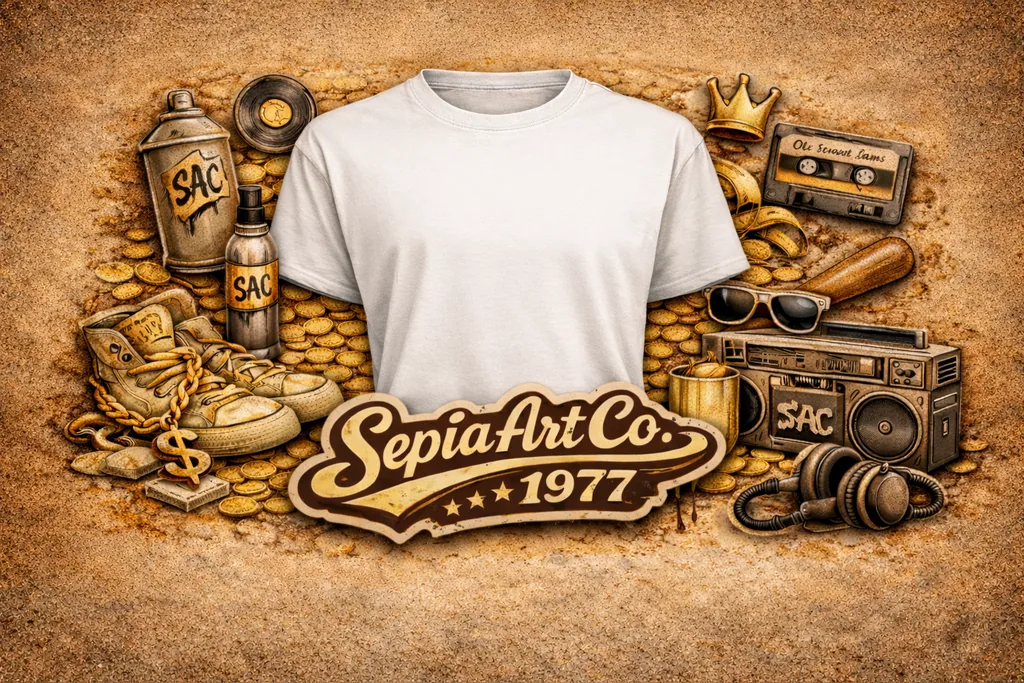 Sepia Art Co. 1977 – vintage sticker collage background with streetwear icons
